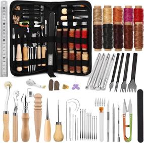 img 4 attached to Complete 60-Piece Leather Working Kit With Storage Bag, Including Stamping Tools, Groover, Waxed Thread, And Prong Punch For Crafting, Stitching, And Punching Leather