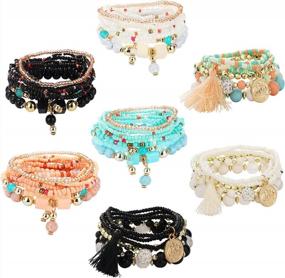 img 4 attached to Bohemian Multilayer Stackable Bead Bracelet Set With Pendants For Women - YADOCA 7 Sets In Vibrant Multicolors
