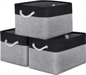 img 4 attached to Складные холщовые ящики для хранения игрушек, обуви и декора WISELIFE, 3 упаковки - 15 дюймов, Д x 11, Ш x 9,5 В, с ручками (серо-черный пэчворк)