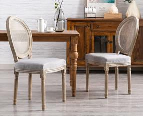 img 3 attached to Farmhouse Dining Room Chairs, Fabric French Distressed Bedroom Chairs With Round Rattan Back, Elegant Tufted Kitchen Chairs, Set Of 2, Grey
