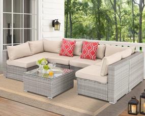 img 4 attached to Outdoor Indoor Sectional Sofa Set: 7-Piece Patio Furniture Rattan Wicker In Gray Brown With Seat Cushions, Glass Top Coffee Table And 2 Pillows By Furnimy