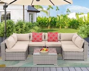 img 3 attached to Outdoor Indoor Sectional Sofa Set: 7-Piece Patio Furniture Rattan Wicker In Gray Brown With Seat Cushions, Glass Top Coffee Table And 2 Pillows By Furnimy