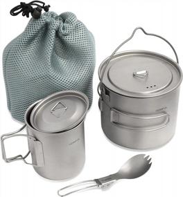 img 4 attached to Titanium Camping Cookware Set - 1100ML & 420ML Pots, Cup Mug, Spork + Mesh Bag For Backpacking Hiking Picnic