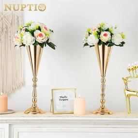 img 2 attached to 2 Pcs Tabletop Metal Wedding Flower Trumpet Vase, 16.5 Inch Tall Table Decorative Centerpiece, Artificial Flower Arrangements For Anniversary Ceremony Party Birthday Event Aisle Home Decoration (Gold)