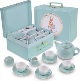 img 3 attached to 13-Предметный фарфоровый набор чая для девочек в голубой полосатый дизайн от Jewelkeeper