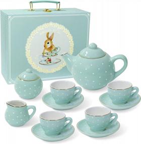 img 4 attached to 13-Piece Porcelain Tea Set For Girls, Blue Polka Dot Design By Jewelkeeper