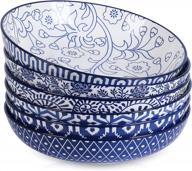 selamica porcelain 26 ounce pasta bowls set of 6, 8 inch wide and shallow salad bowls, serving bowls, microwave & dishwasher safe, sturdy & stackable, vintage blue logo