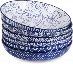 img 4 attached to Selamica Porcelain 26 Ounce Pasta Bowls Set Of 6, 8 Inch Wide And Shallow Salad Bowls, Serving Bowls, Microwave & Dishwasher Safe, Sturdy & Stackable, Vintage Blue