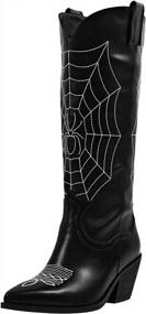 img 4 attached to LISHAN Women'S Embroidered Heel Knee High Boots 7Cm Low Chunky Block Heel Shoes