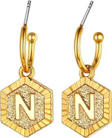 img 4 attached to 💍 Personalized Female Initial Earrings: Stylish Sterling Silver Post Hoops with Vintage Hexagon Embossed A-Z 26 Letters Drop, Ideal Name Style Jewelry Gift for Christmas