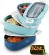 stackable bento box lunch container - japanese-style, microwave & dishwasher-safe for adults and teens - includes sauce container, divider, utensils - zzq classic blue logo