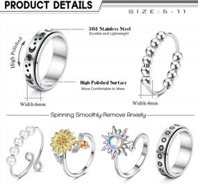 img 3 attached to Subiceto 6Pcs Spinner Band Rings Set For Women And Teens - Stainless Steel Fidget Rings With Sunflower, Moon, Stars And Bead Designs For Anxiety And Stress Relief