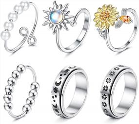 img 4 attached to Subiceto 6Pcs Spinner Band Rings Set For Women And Teens - Stainless Steel Fidget Rings With Sunflower, Moon, Stars And Bead Designs For Anxiety And Stress Relief