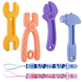img 4 attached to 🦷 Детские жевательные игрушки Amnli: набор безопасных для БПА силиконовых жевательных игрушек для детей от 0 до 12 месяцев - многоцветный молоток, гаечный ключ, кусачки.