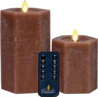set of 2 hexagon flameless moving flame candles - 3.5" x 4.5", 6.5" tall, unscented real wax pillar with timer & remote (toasted coconut) logo