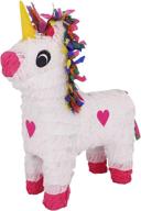 white unicorn pinata w/colorful mane for girls pink hearts and yellow horn (piñata de unicornio) party game, birthday celebrations, magical theme decorations, centerpieces, sweet 16 party suppies logo