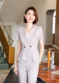 img 1 attached to Two Piece Women'S Office Suit Set With Short Sleeves, V-Neck Blazer Jacket, And Suit Pants By LISUEYNE