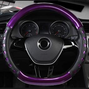 img 2 attached to 🚗 FLKAYJM Universal Fit D-Type Car Steering Wheel Cover 15-inch, Anti-Slip Laser Brushed Leather, Breathable, Heavy Duty, Purple - Ideal Car Accessory for Trucks, SUVs, Vans - Year-Round Protection