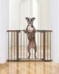 cumbor 29.5-46" auto close safety baby gate: mom's choice awards winner, extra tall & wide child gate for house, stairs, doorways - durable dog gate with easy walk thru - brown logo