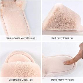 img 2 attached to Plush And Cozy Set Of Women'S Furry Slippers - Cross Band Cream And Open Toe Beige. Perfect For Indoor Wear In The Bedroom Or Around The House. Fits US Size 9-10.