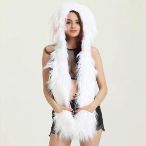 img 1 attached to White Bunny Ears Rabbit Top Hat Winter Animal Hoodie Furry Faux Fur Hat Hood Scarf Gloves Mittens With Pink Paws Easter Halloween Cosplay Costumes For Men Women Kids (White Bunny)