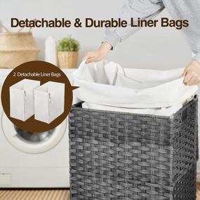 img 1 attached to 90L Laundry Hamper W/ 2 Removable Liners & Mesh Bags - Handwoven Synthetic Rattan, Grey