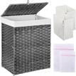 90l laundry hamper w/ 2 removable liners & mesh bags - handwoven synthetic rattan, grey logo