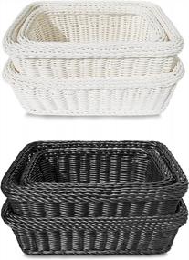 img 4 attached to Organize In Style: Set Of 6 Hand Woven White And Black Rectangular Storage Baskets, Dishwasher Safe For Versatile Shelf Storage