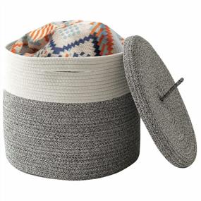 img 4 attached to Large Grey Cotton Rope Storage Basket With Lid - Multipurpose Hamper For Nursery, Living Room, And Bedroom - Ideal Blanket And Toy Organizer - 16"D X 14"H