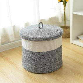 img 2 attached to Large Grey Cotton Rope Storage Basket With Lid - Multipurpose Hamper For Nursery, Living Room, And Bedroom - Ideal Blanket And Toy Organizer - 16"D X 14"H