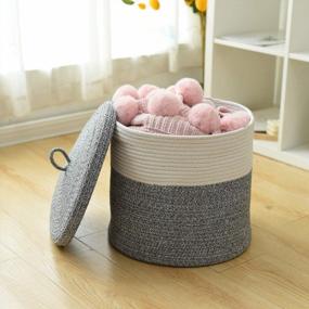 img 3 attached to Large Grey Cotton Rope Storage Basket With Lid - Multipurpose Hamper For Nursery, Living Room, And Bedroom - Ideal Blanket And Toy Organizer - 16"D X 14"H
