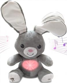 img 4 attached to Bundaloo Peek-A-Boo Bunny Animated Musical Plush Toy - Moving Floppy Ears & Glowing Heart - Plays Peek-A-Boo & Sing Do Your Ears Hang Low - Interactive Grey Singing Stuffed Bunny For Boys & Girls