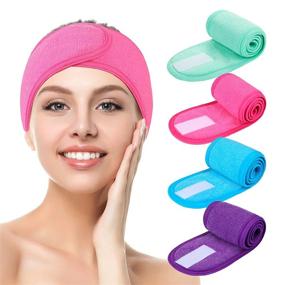img 4 attached to Set Of 4 Facial Spa Headbands, Terry Cloth Stretch Towels With Magic Tape For Makeup, Shower, Bath, And Sports (Blue, Mint Green, Purple, Rose)