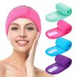 set of 4 facial spa headbands, terry cloth stretch towels with magic tape for makeup, shower, bath, and sports (blue, mint green, purple, rose) logo