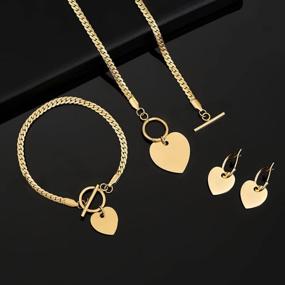 img 1 attached to CLASSYZINT Heart Pendant Necklace And Bracelet Toggle Chain Heart Hoop Dangle Earrings 14K Gold Plated Stainless Steel Gold Jewelry Set For Women Men,With Box Gift