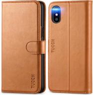 tucch iphone xs wallet case: stylish pu leather folio cover with shockproof interior, stand, rfid card holder & wireless charging compatibility in light brown logo