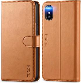 img 4 attached to TUCCH IPhone Xs Wallet Case: Stylish PU Leather Folio Cover With Shockproof Interior, Stand, RFID Card Holder & Wireless Charging Compatibility In Light Brown
