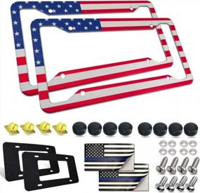 img 4 attached to Aootf USA Flag License Plate Frame- American Patriotic Auto Car Tag Holder Cover, 2 Pack Novelty Personalized Aluminum Bracket For Women, With Stainless Screw Bolts, Black Caps, Thin Blue Line Decals