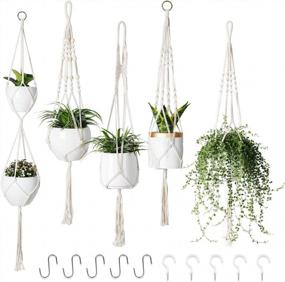 img 4 attached to POTEY Macrame Plant Hangers - Set Of 5 Hanging Plant Holders With Wood Beads And 10 Hooks For Boho Home Decor - 47.3''/40''/40''/40''/40'', Ivory