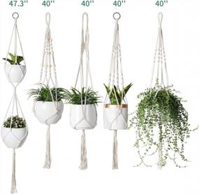 img 3 attached to POTEY Macrame Plant Hangers - Set Of 5 Hanging Plant Holders With Wood Beads And 10 Hooks For Boho Home Decor - 47.3''/40''/40''/40''/40'', Ivory