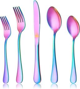 img 4 attached to Colorful Stainless Steel Cutlery Set, 20 Piece Rainbow Silverware For 4, Mirror Finish Tableware Eating Utensils, Dishwasher Safe