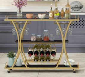 img 4 attached to Gold & Black Bar Serving Cart With Glass Holder, Wine Rack And Marble Shelves - HOMYSHOPY 3-Tier Kitchen Trolley.