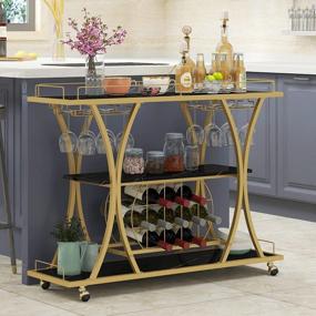 img 3 attached to Gold & Black Bar Serving Cart With Glass Holder, Wine Rack And Marble Shelves - HOMYSHOPY 3-Tier Kitchen Trolley.