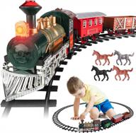 train set - electric train toy for boys 2-4 w/ lights & sound, railway kits w/ steam locomotive engine, cargo cars, 4 horses & tracks, for 4-7 logo
