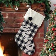 haumenly christmas stocking, classic white and black plaid merry embroidery, xmas stocking with pompons, home holiday decoration logo