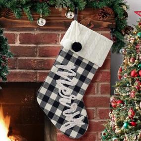 img 4 attached to Рождественский чулок HAUMENLY, классическая белая и черная клетчатая вышивка с веселой вышивкой, рождественский чулок с помпонами, домашнее праздничное украшение