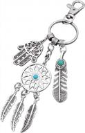 customizable dreamcatcher keychain with hamsa and budda hand charm: a stunning silver toned key chain with stainless steel beauty logo