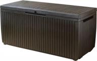 keter springwood 80 gallon resin outdoor storage box для подушек для патио, игрушек для бассейна и садовых инструментов с ручками, коричневый логотип