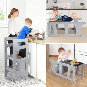 img 3 attached to 🍽️ Dripex Grey Geometric Toddler Kitchen Stool: 2 in 1 Convertible Learning Step Stool with Safety Rail & Chalkboard - Kids Helper Tower