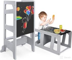 img 4 attached to 🍽️ Dripex Grey Geometric Toddler Kitchen Stool: 2 in 1 Convertible Learning Step Stool with Safety Rail & Chalkboard - Kids Helper Tower